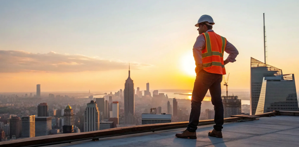 Construction worker with hard hat and safety vest.