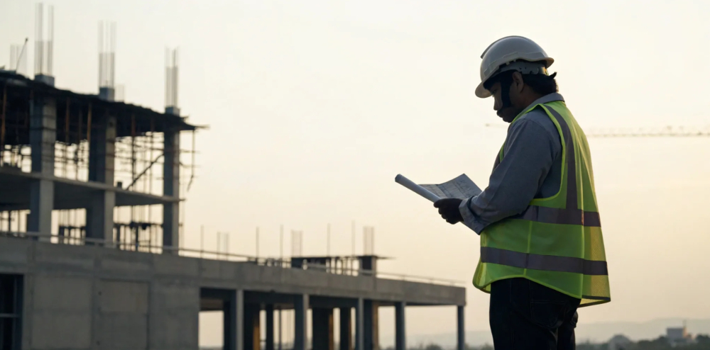 Worker with hard hat and safety vest. OSHA 10 certification.
