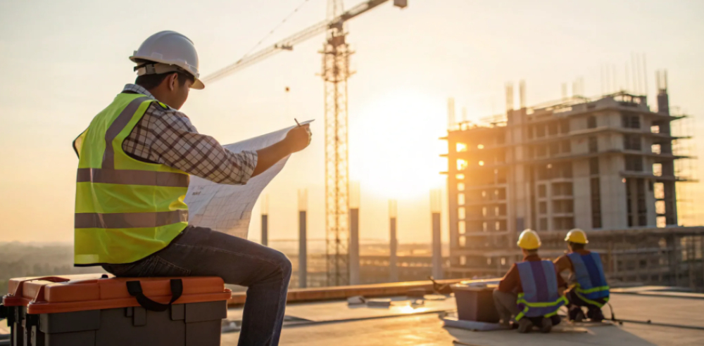 Construction workers in safety gear review blueprints.